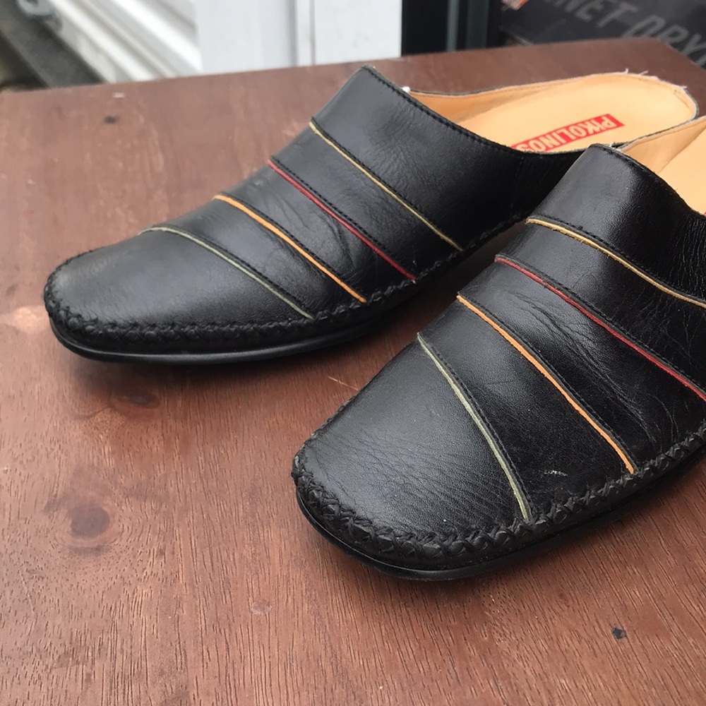 🚨B2G1 PIKOLINOS Black Patent Leather Multi Colored Strips Slide On Mules